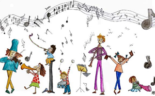 Drawing of people of all ages enjoying playing music. Drawing of people of all ages enjoying playing music.