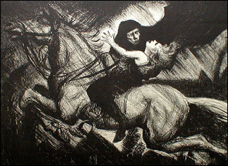 A dark figure in a black hood overcomes a swooning young boy riding a white horse. A dark figure in a black hood overcomes a swooning young boy riding a white horse.