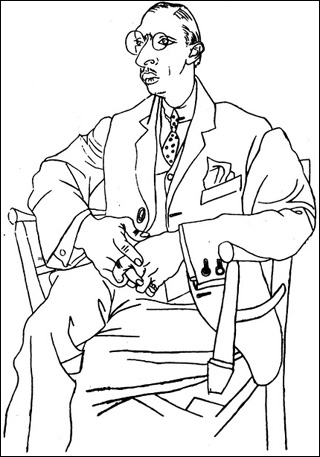 Line drawing of Stavinsky, wearing a suit, hands loosely together, sitting in a chair. Line drawing of Stavinsky, wearing a suit, hands loosely together, sitting in a chair.