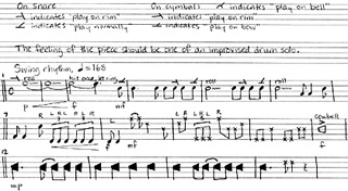 Excerpt of percussion solo score, including notation for various instruments and techniques. Excerpt of percussion solo score, including notation for various instruments and techniques.