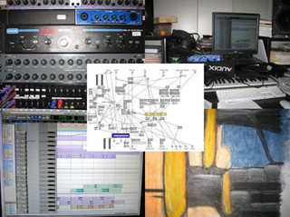 Collage of photos: audio processors, MIDI keyboard connected to computer, screenshot of Max/MSP, and a pastel drawing. Collage of photos: audio processors, MIDI keyboard connected to computer, screenshot of Max/MSP, and a pastel drawing.