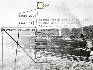 Collage of a Pure Data patch, consisting of several labeled boxes connected by lines, overlaying a black-and-white photo of a steam locomotive with steam blowing up out of the whistle. Collage of a Pure Data patch, consisting of several labeled boxes connected by lines, overlaying a black-and-white photo of a steam locomotive with steam blowing up out of the whistle.