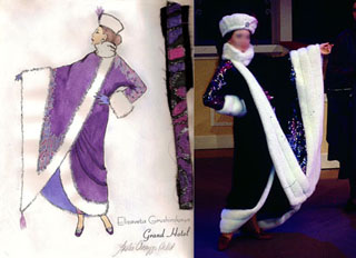 A rendering of a rich purple brocade jacket with white fur trim, and the finished garment on the actress. A rendering of a rich purple brocade jacket with white fur trim, and the finished garment on the actress.