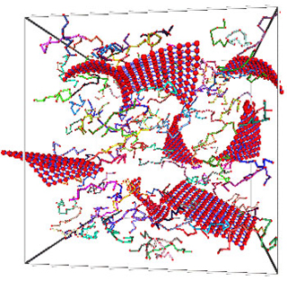 Molecular dynamics simulation of an exfoliated nanoclay-polymer composite. Molecular dynamics simulation of an exfoliated nanoclay-polymer composite.
