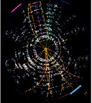 Concentric cirlces on a dark field. Strands of color eminate from the center. Concentric cirlces on a dark field. Strands of color eminate from the center.