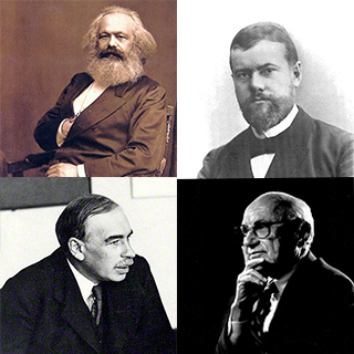 Four black and white photos of Karl Marx, Max Weber, John Maynard Keynes, and Milton Friedman. Four black and white photos of Karl Marx, Max Weber, John Maynard Keynes, and Milton Friedman.