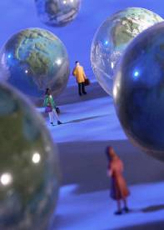 A photograph of toy people surrounded byglobes. A photograph of toy people surrounded byglobes.