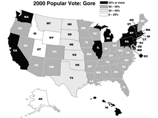 A map of the United States of America showing the breakdown of the popular vote. A map of the United States of America showing the breakdown of the popular vote.