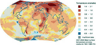 Chart of global increases in annual temperatures for the five-year period 2001-2005, relative to 1951-1980. Chart of global increases in annual temperatures for the five-year period 2001-2005, relative to 1951-1980.