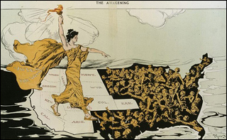 A torch-bearing woman, wearing a golden dress embroidered with the words Votes for Women, marches across the western states in the U.S. towards the eastern and southern states where a crowd of women beckons her. A torch-bearing woman, wearing a golden dress embroidered with the words Votes for Women, marches across the western states in the U.S. towards the eastern and southern states where a crowd of women beckons her.