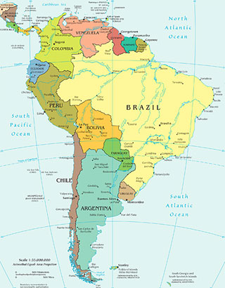 A color map of South America. A color map of South America.