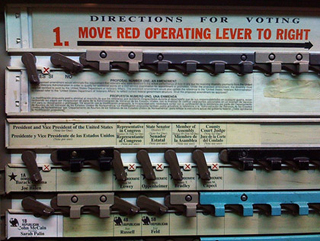 Image depicts a lever-operated voting machine used in 2008 U.S. presidential elections. Image depicts a lever-operated voting machine used in 2008 U.S. presidential elections.
