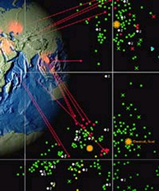 An image of a globe with surrounding stars indicated by colored dots. An image of a globe with surrounding stars indicated by colored dots.