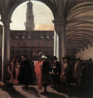 A painting of a courtyard known as the "Old Exchange" in Amsterdam. A painting of a courtyard known as the "Old Exchange" in Amsterdam.