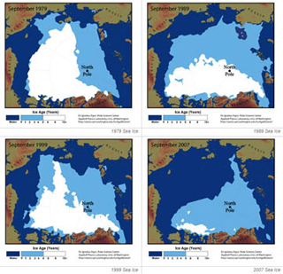 Sequence of four maps showing diminishing area of arctic ice coverage. Sequence of four maps showing diminishing area of arctic ice coverage.