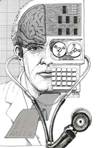 A strange collage of a doctor, a human brain, a stethoscope, a old reel-to-reel computer with a paper tape output coming from his neck. A strange collage of a doctor, a human brain, a stethoscope, a old reel-to-reel computer with a paper tape output coming from his neck.