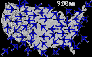 Animated illustration of the rapid decrease in commercial air traffic over the continental United States from 9:00 am to 12:00 pm on September 11, 2001. Animated illustration of the rapid decrease in commercial air traffic over the continental United States from 9:00 am to 12:00 pm on September 11, 2001.