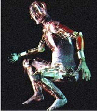 A photograph of a humanoid robot. A photograph of a humanoid robot.