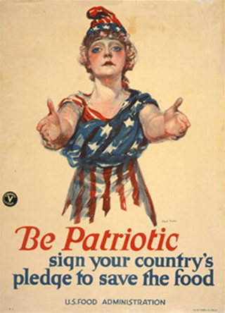 U.S. Food Administration poster, Circa 1918. The poster shows a woman clad in an American flag, with arms extended. U.S. Food Administration poster, Circa 1918. The poster shows a woman clad in an American flag, with arms extended.