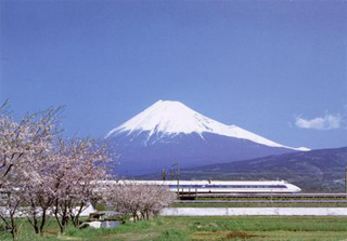 Shinkansen and cherry trees, with Mt. Fuji in the background. Shinkansen and cherry trees, with Mt. Fuji in the background.