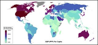 World map depicting GDP per capita. World map depicting GDP per capita.