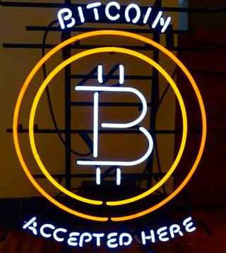 Bitcoin accepted here neon sign. Bitcoin accepted here neon sign.