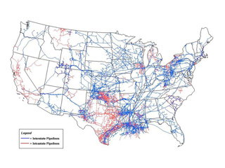 Map of the United States with red and blue lines extending within and across states. Map of the United States with red and blue lines extending within and across states.