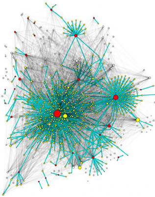 Subgraph of the retweet network superimposed to the corresponding followers network. Subgraph of the retweet network superimposed to the corresponding followers network.