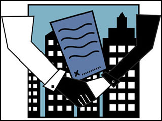Illustration of a handshake in front of a contract with a city skyline in the background. Illustration of a handshake in front of a contract with a city skyline in the background.