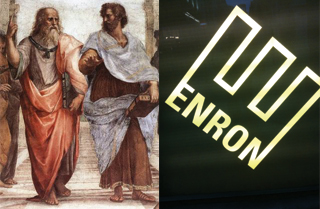 On the left is an image of Plato and Aristotle, on the right is the Enron logo. On the left is an image of Plato and Aristotle, on the right is the Enron logo.