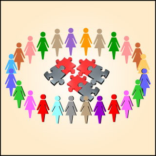 Figures forming a circle around a jigsaw puzzle. Figures forming a circle around a jigsaw puzzle.