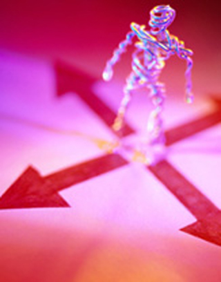 Photo of a glass figurine at figurative crossroads symbolized by four arrows pointing in opposite directions. Photo of a glass figurine at figurative crossroads symbolized by four arrows pointing in opposite directions.