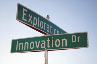 Street signs showing the corner of Exploration and Innovation Dr. Street signs showing the corner of Exploration and Innovation Dr.
