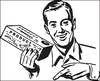 A drawing of a salesman holding a box marked "product." A drawing of a salesman holding a box marked "product."