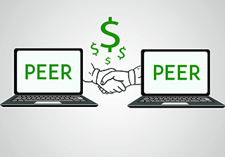 Drawing of two laptops, dollar signs, and handshake. Drawing of two laptops, dollar signs, and handshake.