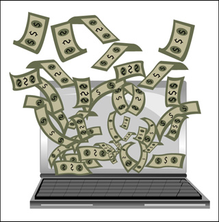 Laptop screen spraying out dollar bills. Laptop screen spraying out dollar bills.
