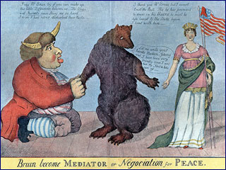Redcoat clad John Bull kneels grasping the Bruin's right paw with both hands, as he reaches with his other toward Columbia's outstretched hand. Redcoat clad John Bull kneels grasping the Bruin's right paw with both hands, as he reaches with his other toward Columbia's outstretched hand.