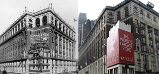 Two images of a building, one taken in 1907 in black and white, and the other in color of the building today. Two images of a building, one taken in 1907 in black and white, and the other in color of the building today.