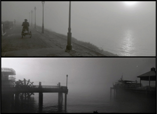Two black and white photographs, both along the water and shrouded in fog. Two black and white photographs, both along the water and shrouded in fog.