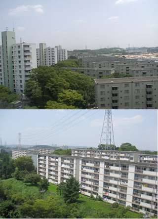 Two photos of Tama New Town buildings and rooftops. Two photos of Tama New Town buildings and rooftops.