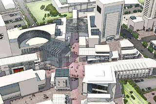 A rendering of a city block. A rendering of a city block.