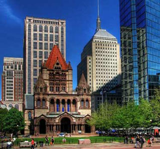 Photograph of Trinity Church and surrounding buildings in downtown Boston. Photograph of Trinity Church and surrounding buildings in downtown Boston.