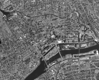 A black and white aerial photo of Lawrence, MA. A black and white aerial photo of Lawrence, MA.