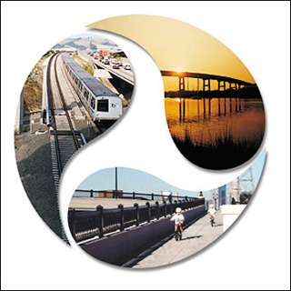 Examples of transportation infrastructure: a bridge, a bike path and a light-rail train. Examples of transportation infrastructure: a bridge, a bike path and a light-rail train.