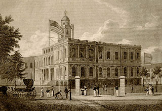 Old City Hall in New York City from around 1830. Old City Hall in New York City from around 1830.