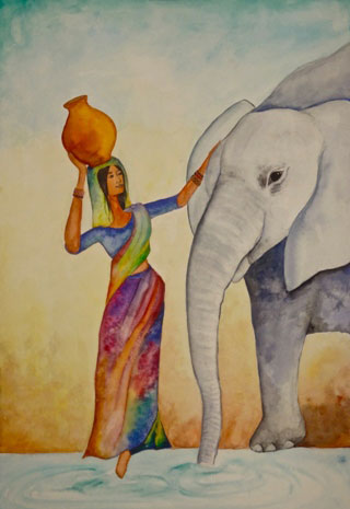 Image of elephant and woman sharing water. Image of elephant and woman sharing water.