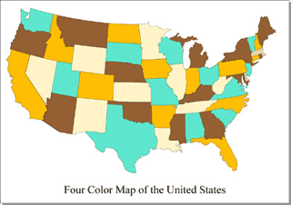 Four color map of the United States, representing the Four Color Theorem. Four color map of the United States, representing the Four Color Theorem.
