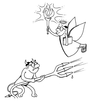 Cartoon image of an angel with a torch and a devil with a hose. Cartoon image of an angel with a torch and a devil with a hose.