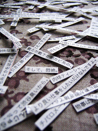 Strips of paper scattered on fabric contain printed comments from a Japanese blog. Strips of paper scattered on fabric contain printed comments from a Japanese blog.