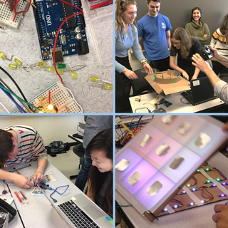 A collaged image of various electronic prototype designs and classroom scenes from the 2017 MIT IAP Arduino class. A collaged image of various electronic prototype designs and classroom scenes from the 2017 MIT IAP Arduino class.